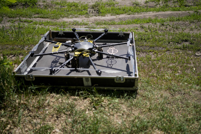 Vadym's drone sits on the grass in the outskirts of Kyiv, Ukraine, Wednesday, June 8, 2022. Never in the history of warfare have drones been used as intensively as in Ukraine, where they often play an outsized role in who lives and dies. Russians and Ukrainians alike depend heavily on unmanned aerial vehicles to pinpoint enemy positions and guide their hellish artillery strikes. (AP Photo/Natacha Pisarenko)