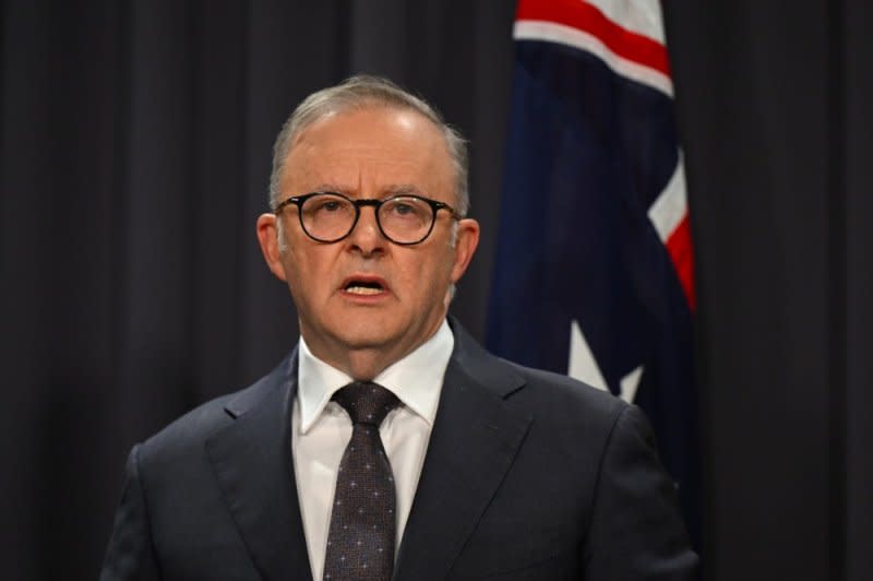 Australian Prime Minister Anthony Albanese speaks to the media on the Bondi Junction stabbings, during a press conference in Canberra, Australia, on Saturday. Police confirmed six people died and the suspect was shot dead by a responding officer. Photo by Lukas Coch/EPA-EFE
