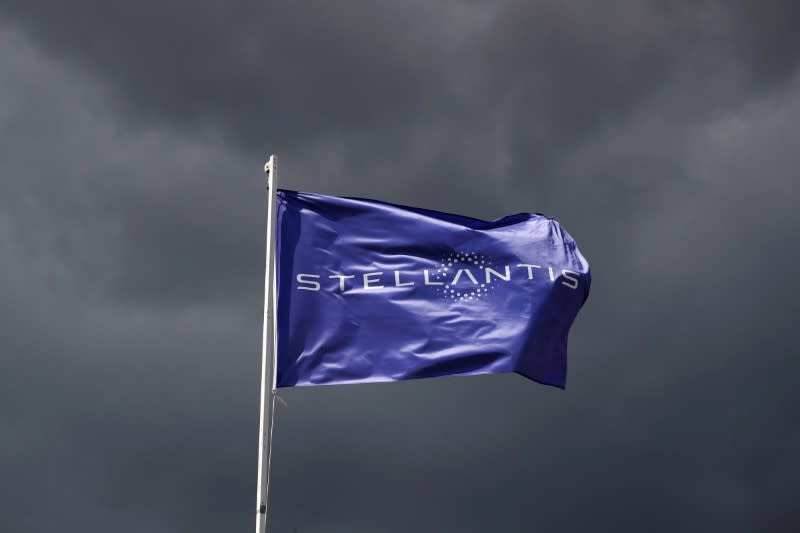 FILE PHOTO: A flag with the logo of Stellantis is seen near Paris