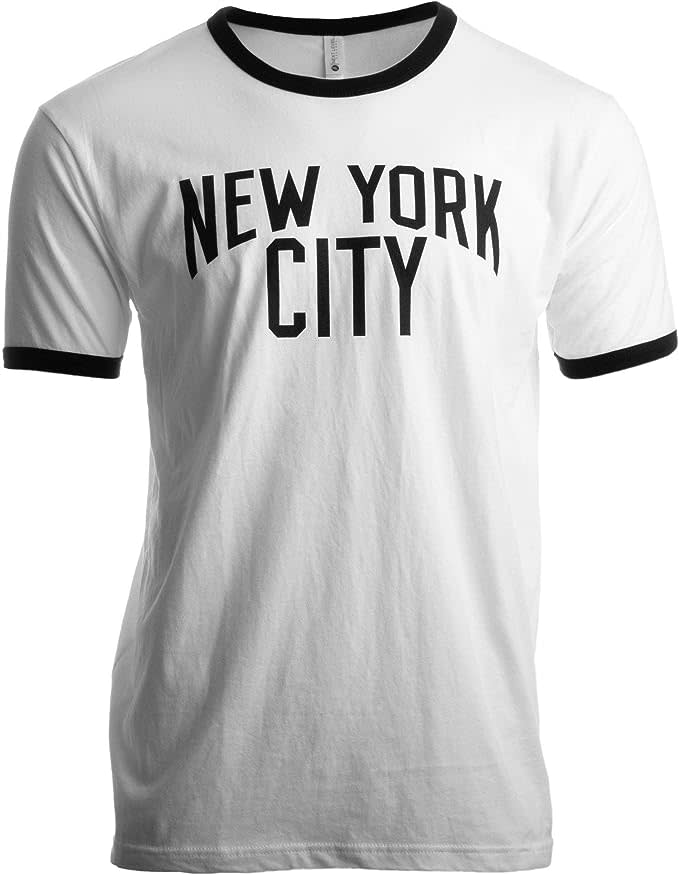 white t-shirt with black trim that reads "new york city"