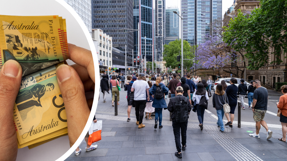 Money and people walking on street