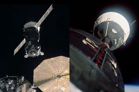 Separated by 50 years, Soyuz TMA-19M flies a rendezvous with the International Space Station (at left), just as Gemini 6 and Gemini 7 first did on Dec. 15, 1965.