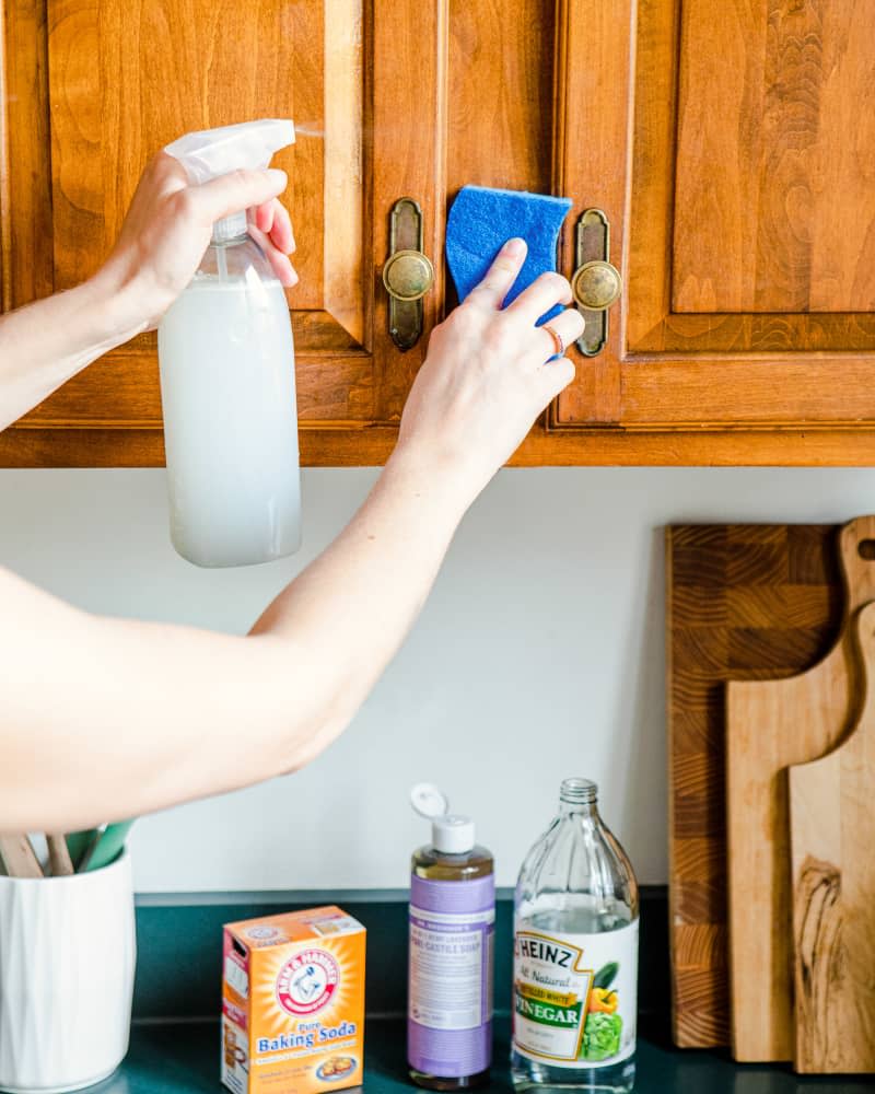 Cleaning cabinet with mix of castile soap, vinegar and baking soda.