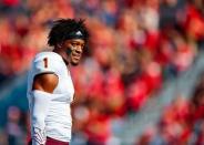 Nov 24, 2018; Tucson, AZ, USA; Arizona State Sun Devils wide receiver N'Keal Harry (1) prior to the game against the Arizona Wildcats during the Territorial Cup at Arizona Stadium. Mandatory Credit: Mark J. Rebilas-USA TODAY Sports