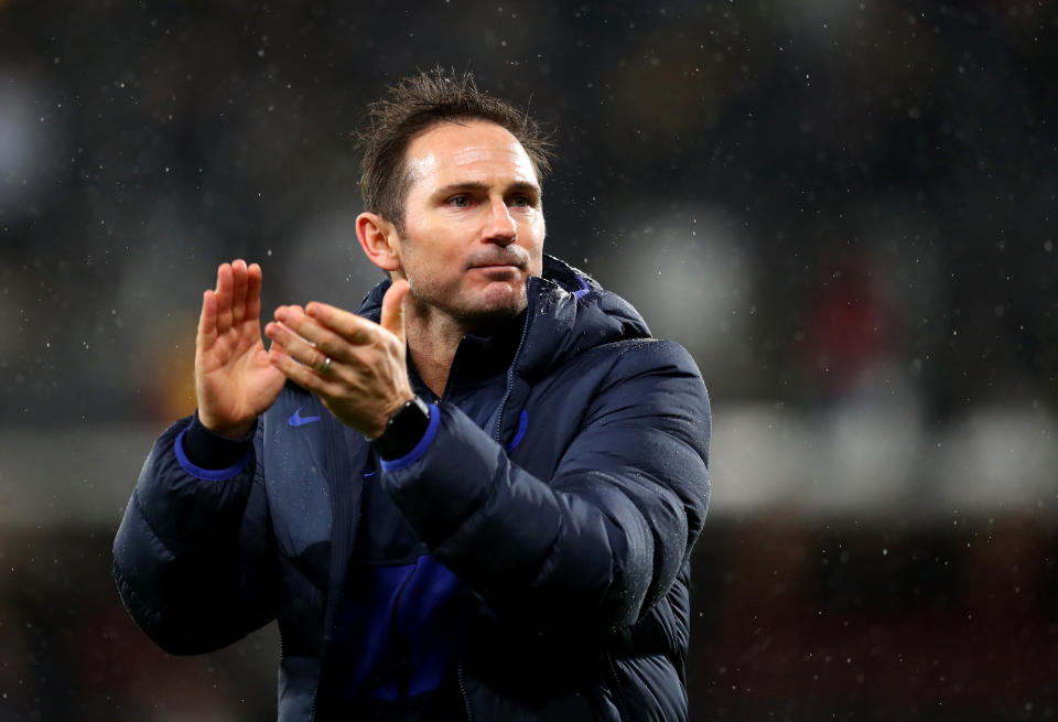 WATFORD, ENGLAND - NOVEMBER 02: Frank Lampard manager of Chelsea celebrates the win at the end of the Premier League match between Watford FC and Chelsea FC at Vicarage Road on November 02, 2019 in Watford, United Kingdom. (Photo by Catherine Ivill/Getty Images)