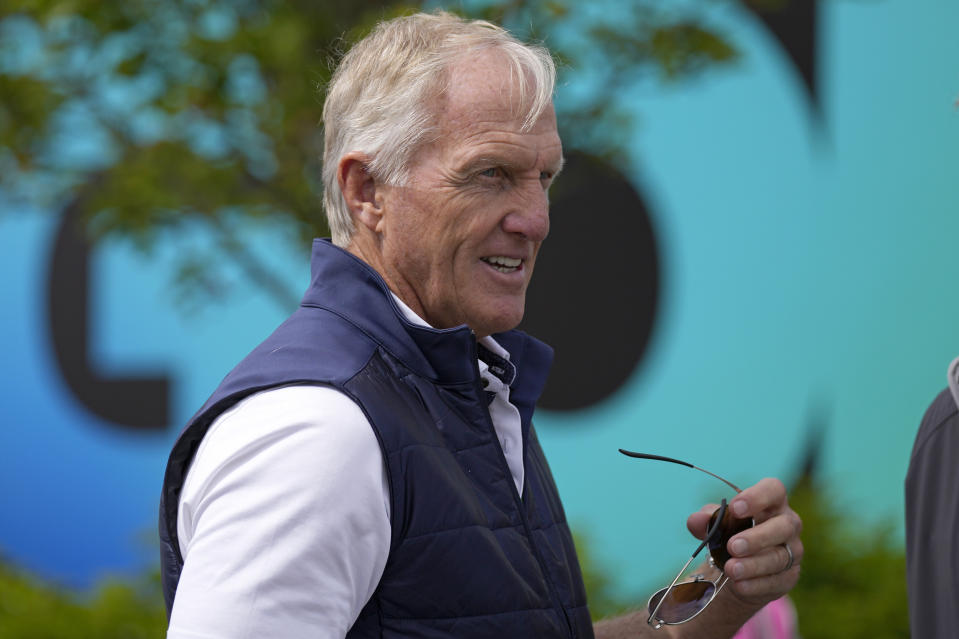 LIV Golf CEO Greg Norman at the course ahead of the first round of the inaugural LIV Golf Invitational at the Centurion Club in St. Albans, England, Thursday, June 9, 2022. The first LIV Golf Invitational, which offers $25 million in prize money, is taking place outside London starting Thursday. (AP Photo/Alastair Grant)