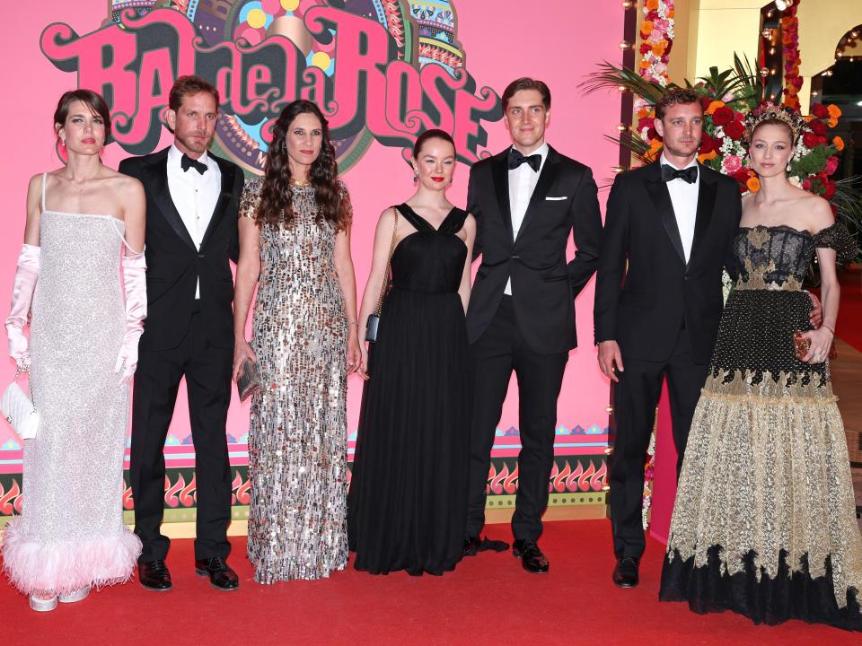 Charlotte Casiraghi, Andrea Casiraghi, Tatiana Santo Domingo, Princess Alexandra of Hanover, Ben Sylvester Strautmann, Pierre Casiraghi and Beatrice Borromeo attend the Rose Ball 2023 on March 25, 2023 in Monaco, Monaco.