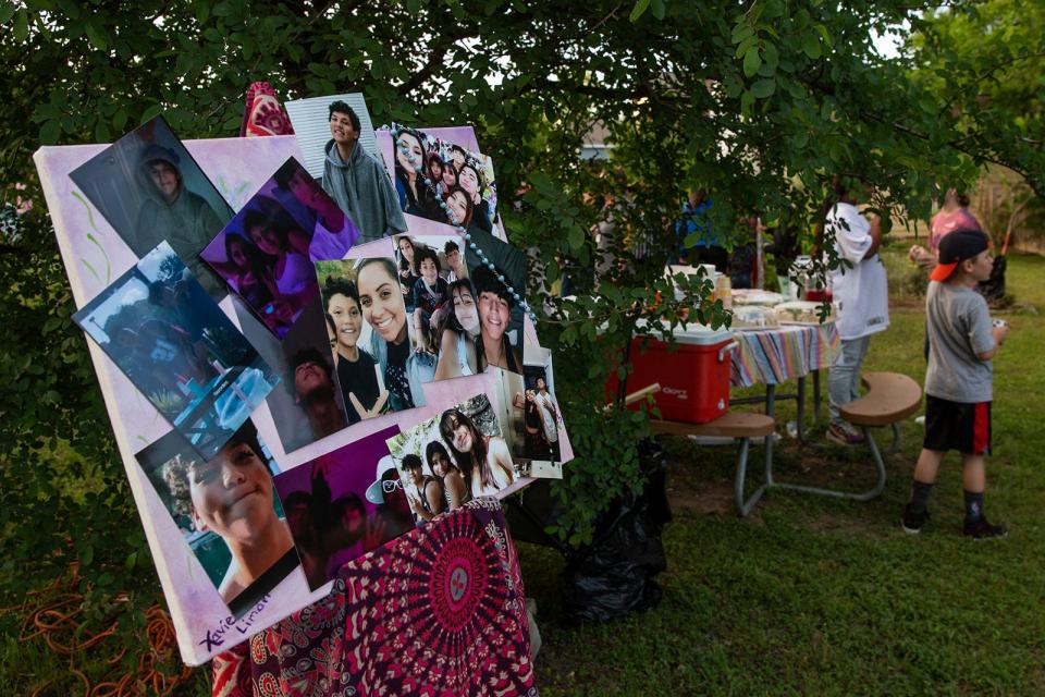 Photos of 39-year-old Christina Michelle Limon and her son, 14-year-old Rudy Xavier Limon-Lirra are displayed during their memorial service in the east Austin Garden View Drive neighborhood on Friday, April 29, 2022.