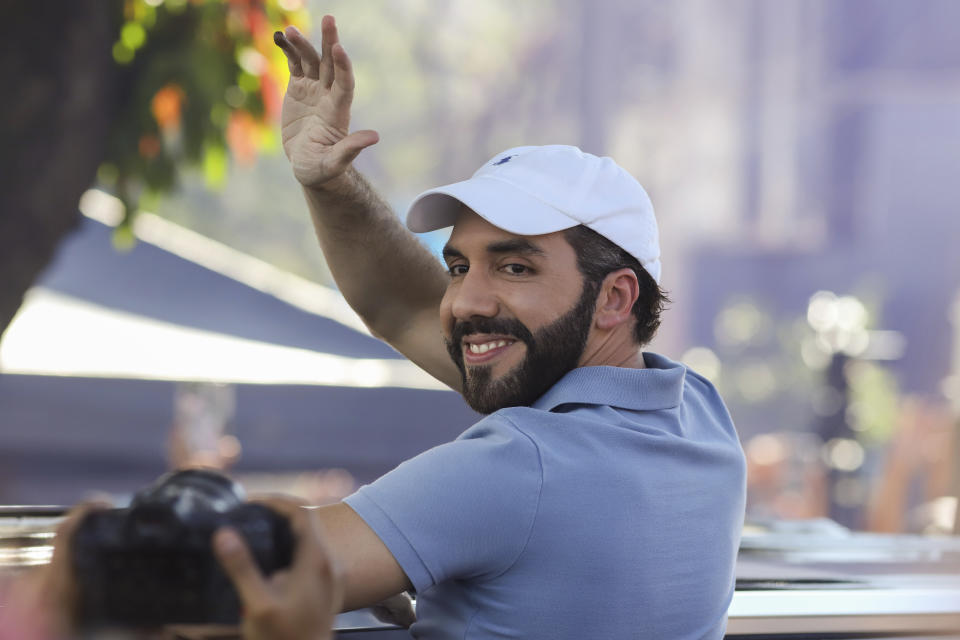 El Salvador President Nayib Bukele, who is seeking re-election, waves to supporters after voting in general elections in San Salvador, El Salvador, Sunday, Feb. 4, 2024. (AP Photo/Salvador Melendez)