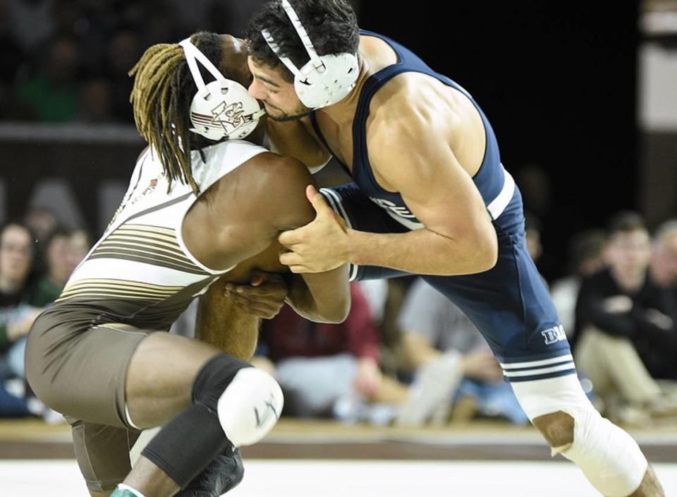 Penn State’s Shayne Van Ness fights off a takedown attempt from Lehigh’s Manzona Bryant IV in their 149-pound match in the Nittany Lions’ 24-12 win on Sunday, December 4, 2022. Van Ness pinned Bryant in 2:28.