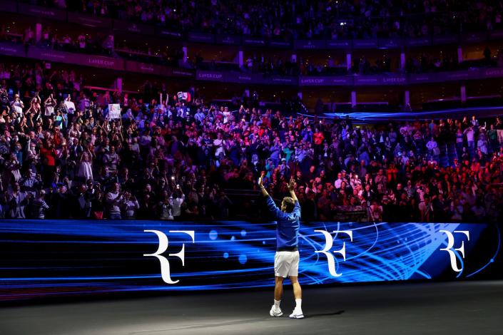 Roger Federer of Team Europe shows emotion as they acknowledge the crowd following their final match during Day One of the Laver Cup at The O2 Arena.