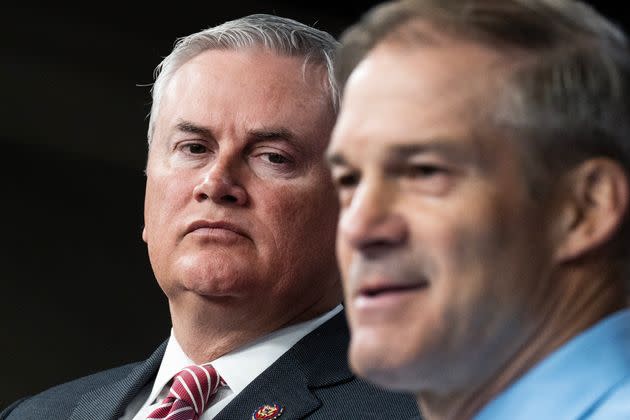 Reps. James Comer (R-Ky.) left, chair of the House Oversight and Accountability Committee, and Jim Jordan (R-Ohio), chair of the House Judiciary Committee, conduct a news conference May 10 at the U.S. Capitol on the investigation into claims of the Biden family's 