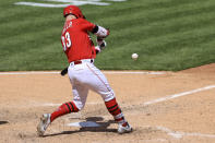 Cincinnati Reds' Jesse Winker hits an RBI walk-off single during the tenth inning of a baseball game against the Chicago White Sox in Cincinnati, Wednesday, May 5, 2021. The Reds won 1-0. (AP Photo/Aaron Doster)