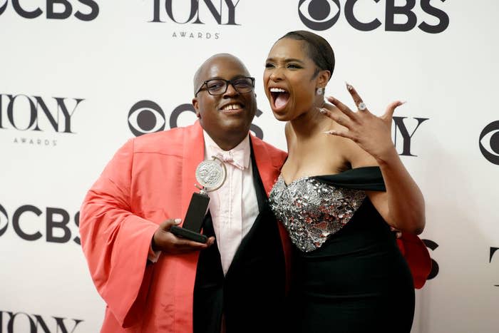 Jennifer reacting excitedly with her Tony Award