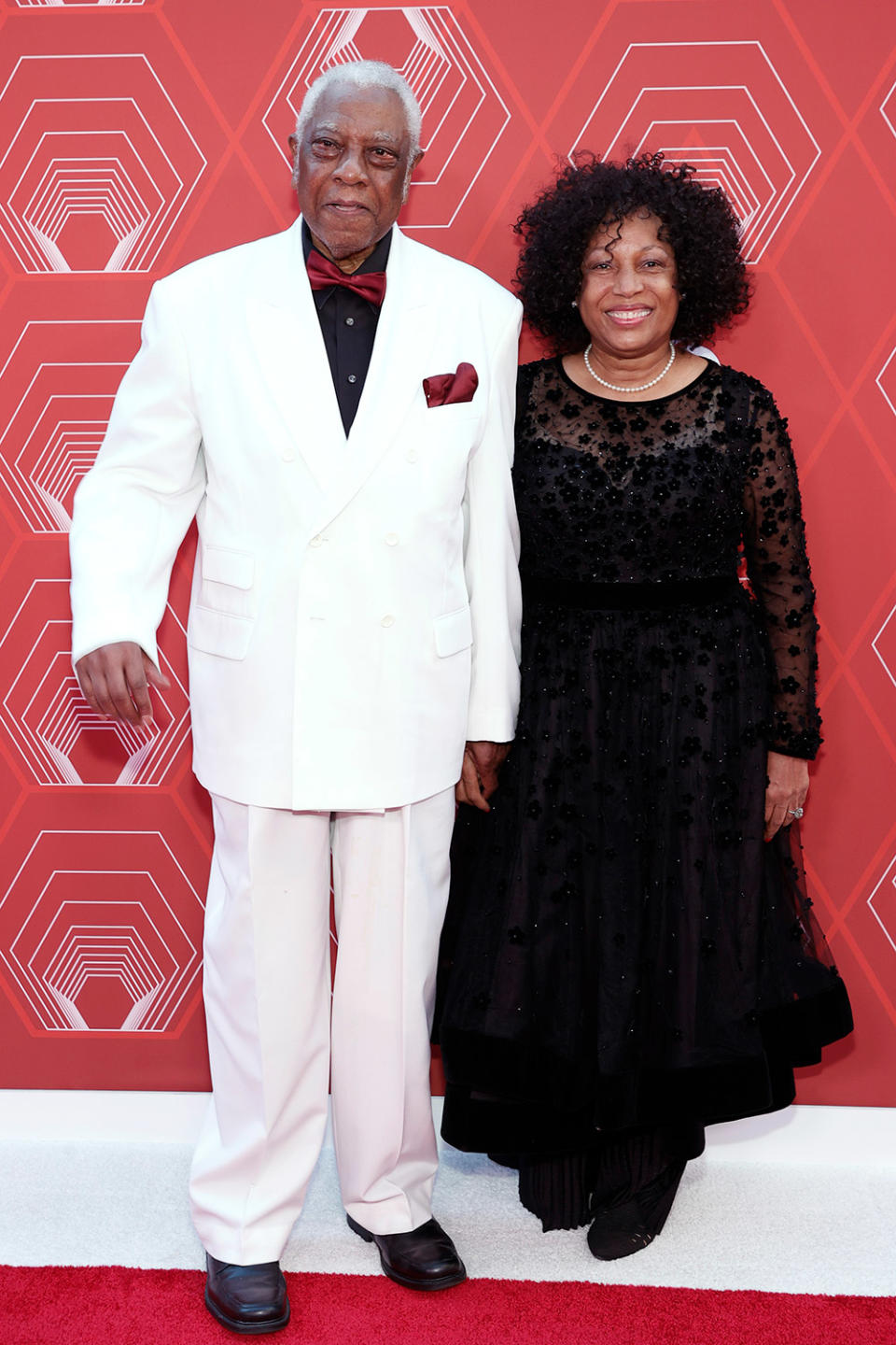 <p>Tony Honor recipient director Woodie King Jr. and his wife, Willie Mae Washington, smile on the red carpet. </p>