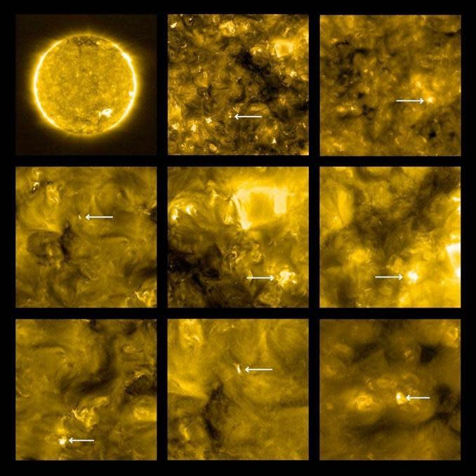 A series of images from the ESA/NASA Solar Orbiter show small, hot 