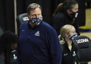 Butler head coach Kurt Godlevske reacts after the Bulldogs are called for a technical foul in the first half against Connecticut during an NCAA college basketball game Tuesday, Jan. 19, 2021, in Storrs, Conn. (David Butler II/Pool Photo via AP)