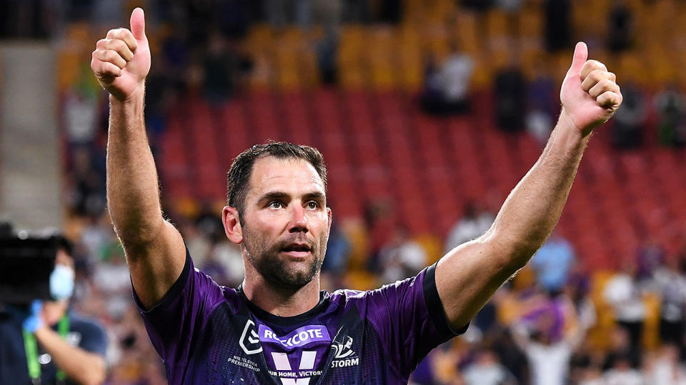 Cameron Smith is seen here saluting fans after a Storm match.