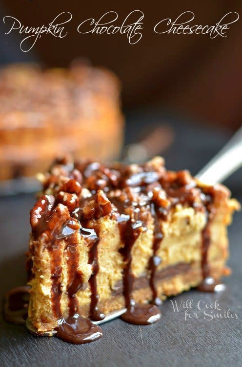 Pecans, chocolate, pumpkins covered in a gooey, dripping sauce. We love this completely decadent finish to a meal.  <a href="http://www.willcookforsmiles.com/2013/09/chocolate-pumpkin-cheesecake.html" target="_blank">Find the recipe at Will Cook For Smiles</a>.