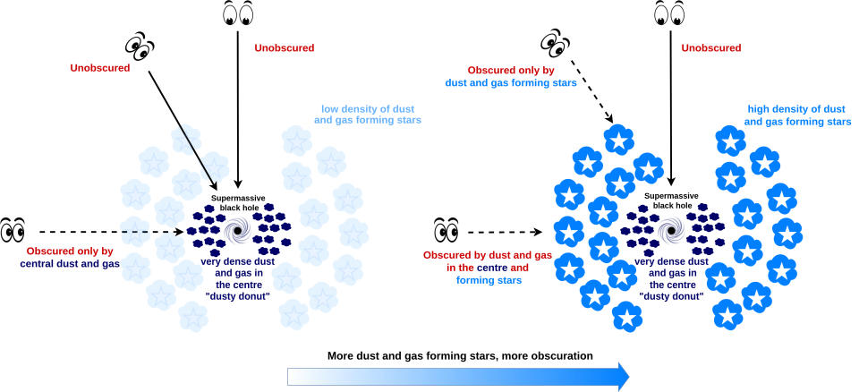 An illustration of ways a galaxy may obscure a feeding supermassive black hole with gas and dust