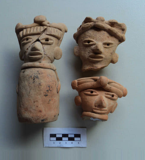 These pre-Columbian artifacts were found in Jaltipan, Mexico.