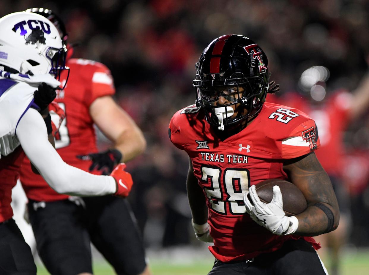 Texas Tech running back Tahj Brooks (28) is a first-team honoree on The Associated Press All-Big 12 team released Friday. Brooks has rushed for 1,443 yards, which puts him second in the Big 12 and fourth in the FBS this season.