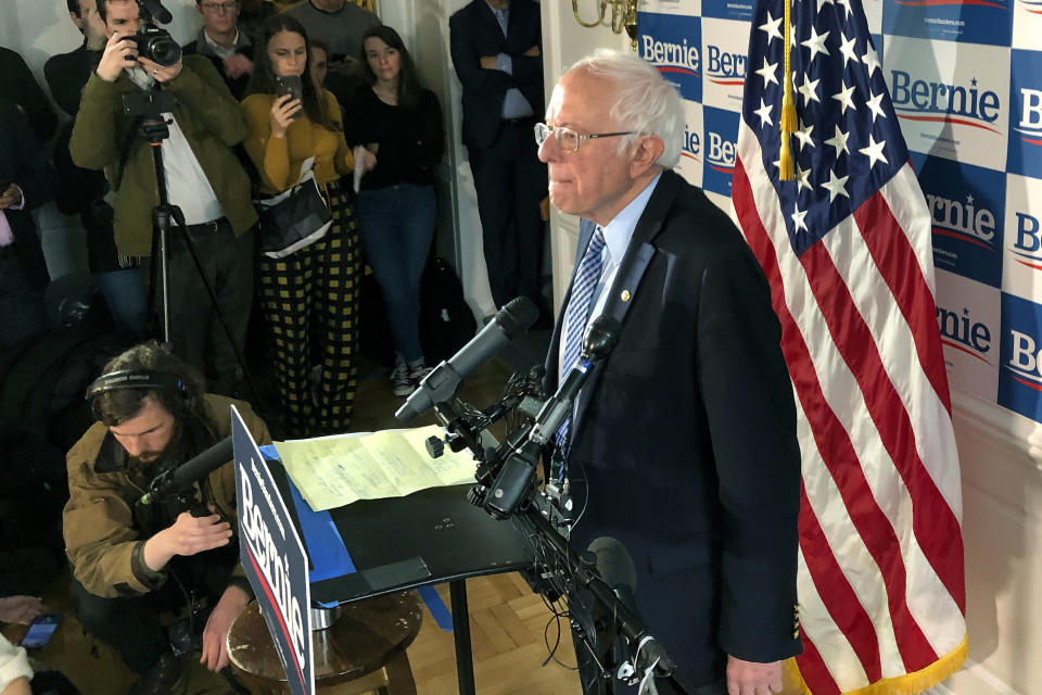 Democratic presidential candidate Sen. Bernie Sanders, I-Vt., speaks at his campaign headquarters, Wednesday, March 4, 2020, in Burlington, Vt. (AP Photo/Wilson Ring)