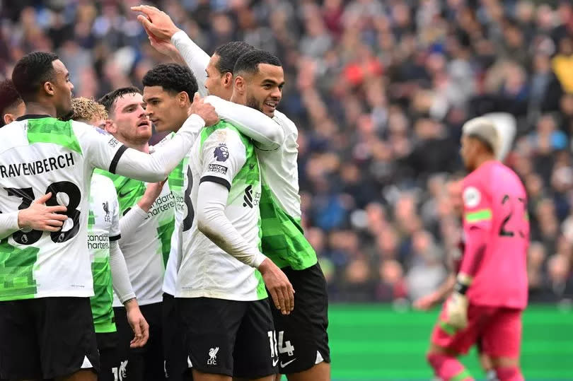 Cody Gakpo of Liverpool celebrates after scoring the second Liverpool goal during the Premier League match between West Ham United and Liverpool FC at London Stadium on April 27, 2024 in London, England.