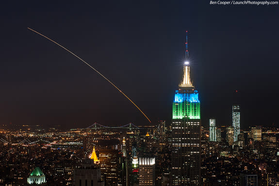 Veteran launch photographer Ben Cooper captured this spectacular photo of NASA's LADEE moon probe soaring across the night sky from Top of the Rock, Rockefeller Center, in New York City, about 200 miles north of the launch pad at NASA's Wallops