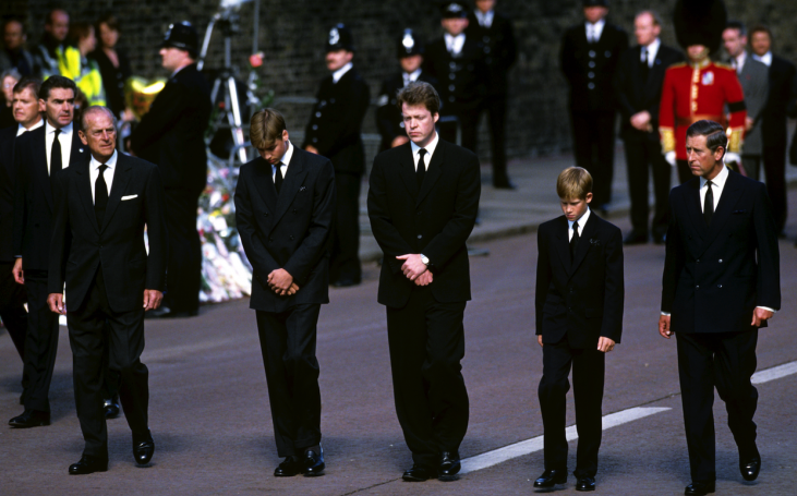 The young princes walked alongside Earl Spencer (third from left) at their mother’s funeral (Picture: REX Features)