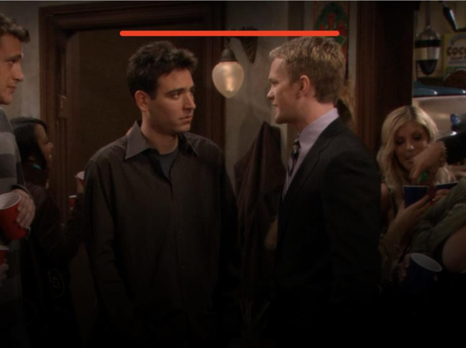 red line over ted and barney's heads on how i met your mother