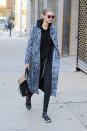 <p>In a grey leopard coat, black hoodie, sweatpants, Reebok sneakers, a Mansur Gavriel bag and dark, Gentle Monster wire-rimmed sunglasses while out in New York.</p>