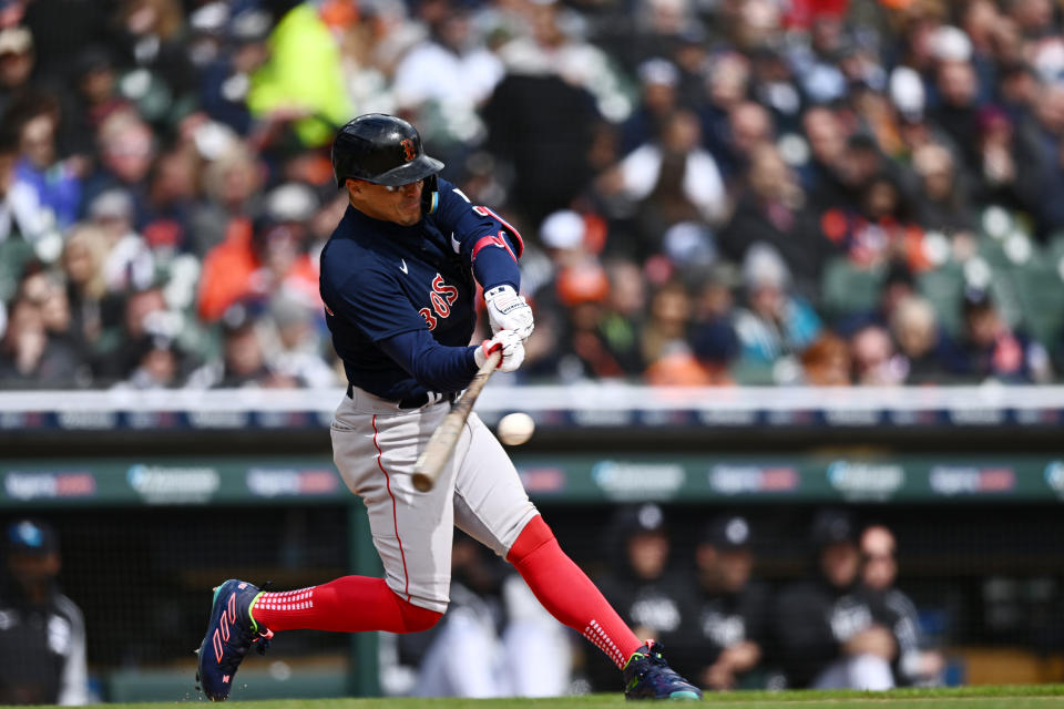 DETROIT, MI - APRIL 06:  Enrique Hernández #5 of the Boston Red Sox bats during the game between the Boston Red Sox and the Detroit Tigers at Comerica Park on Thursday, April 6, 2023 in Detroit, Michigan. (Photo by Carl Jones/MLB Photos via Getty Images)