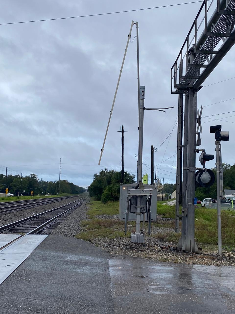 The railroad crossing arms at Wabash Avenue just south of U.S. 92 were snapped by Hurricane Ian.