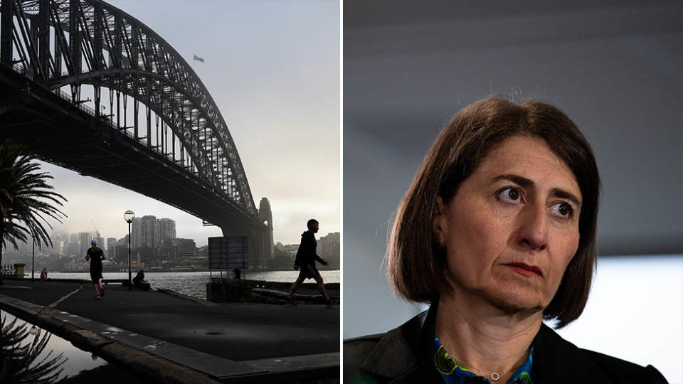 Pictured is the Sydney Harbour Bridge on the left and Gladys Berejiklian on the right.