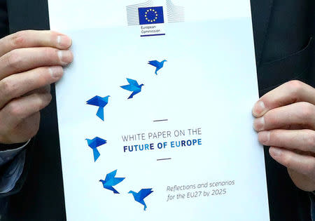 The cover page of the White Paper on the Future of Europe, which will be presented before the European Parliament on Wednesday by the European Commission President Jean-Claude Juncker, is seen in Brussels, Belgium March 1, 2017. REUTERS/Yves Herman