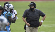 Carolina Panthers head coach Matt Rhule during the second half of an NFL football game against the Tampa Bay Buccaneers Sunday, Sept. 20, 2020, in Tampa, Fla. (AP Photo/Jason Behnken)