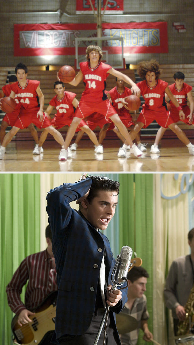 Zac Efron wearing the wildcats jersey in "High School Musical" and dressed as Link in "Hairspray"