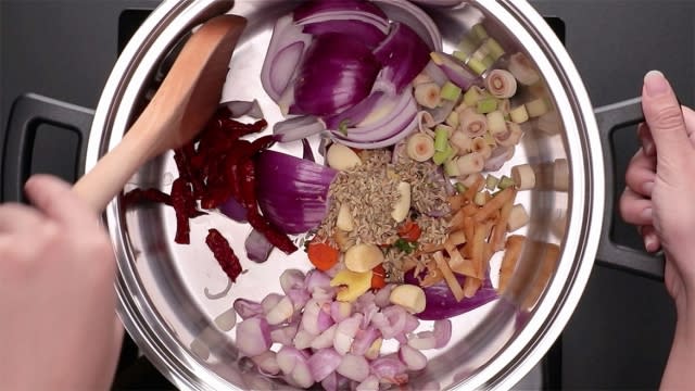 dry roast all the dry ingredients in a saucepan or pot