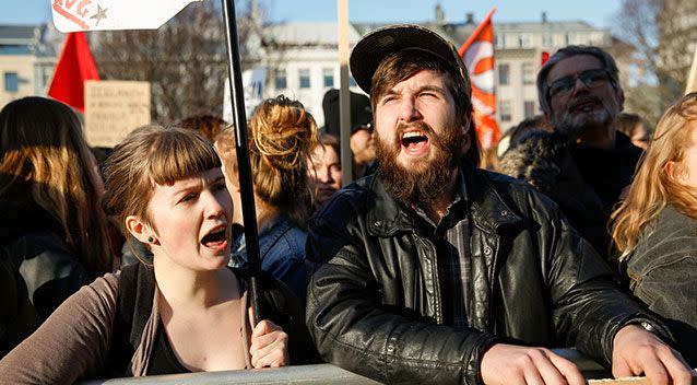 Icelanders take to the streets of the capital Reykjavik to protest corruption unveiled in the Panama Papers. Source: AAP