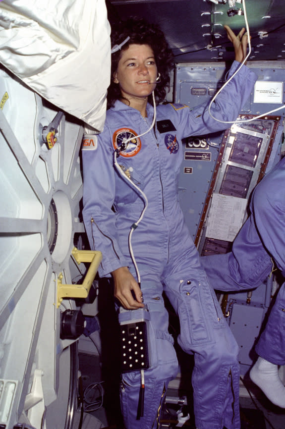 Astronaut Sally Ride is pictured on the space shuttle Challenger's middeck during the STS-7 mission.