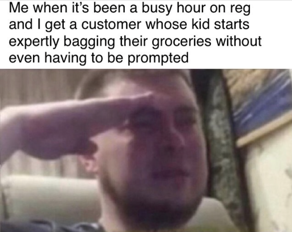 Meme of a person giving a salute to customer's child who expertly starts bagging without being prompted