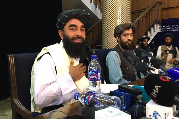 Taliban spokesperson Zabihullah Mujahid during the Taliban's first press conference (Photo: HOSHANG HASHIMI via Getty Images)