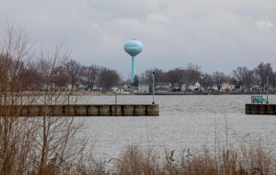 The Luna Pier water tower is seen from the pier on Thursday, March 7, 2024.