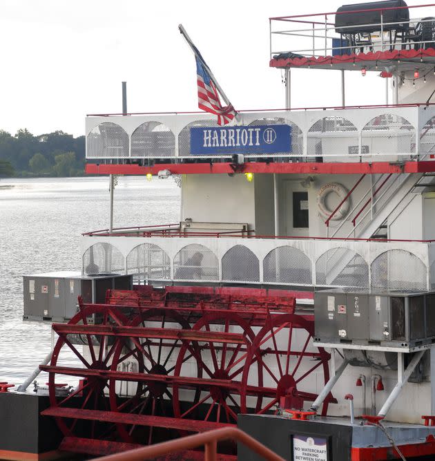 The Harriott riverboat remains docked Tuesday in Montgomery, Alabama. Three people have been charged in a fight Saturday on the floating dock that was captured on video by spectators.