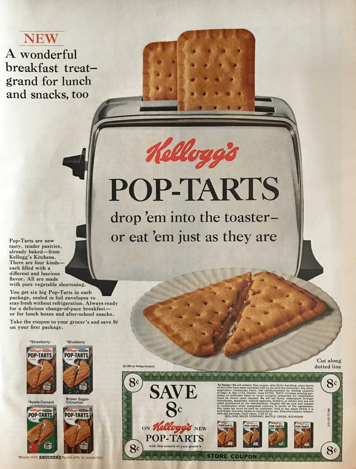 Vintage Kellogg’s Pop-Tarts Life magazine ad with coupon, two Pop-Tarts popped in a toaster with one on a white plate, on a white background, 1960’s