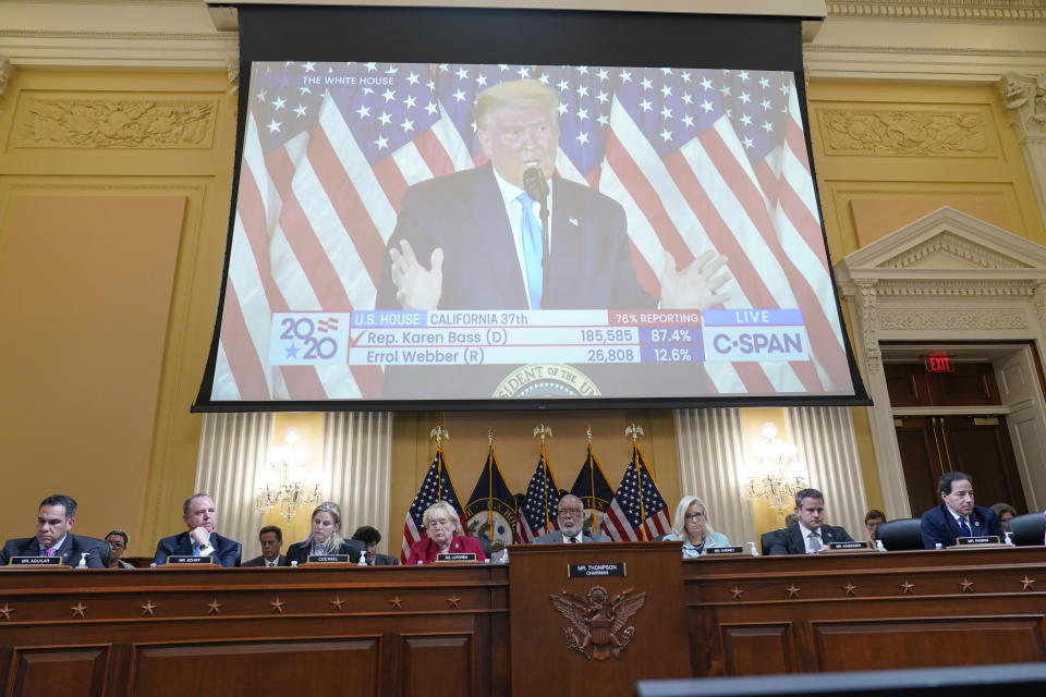 A video of former President Donald Trump speaking is displayed as the House select committee investigating the Jan. 6 attack on the U.S. Capitol continues to reveal its findings of a year-long investigation, at the Capitol in Washington, Monday, June 13, 2022. (AP Photo/Susan Walsh)