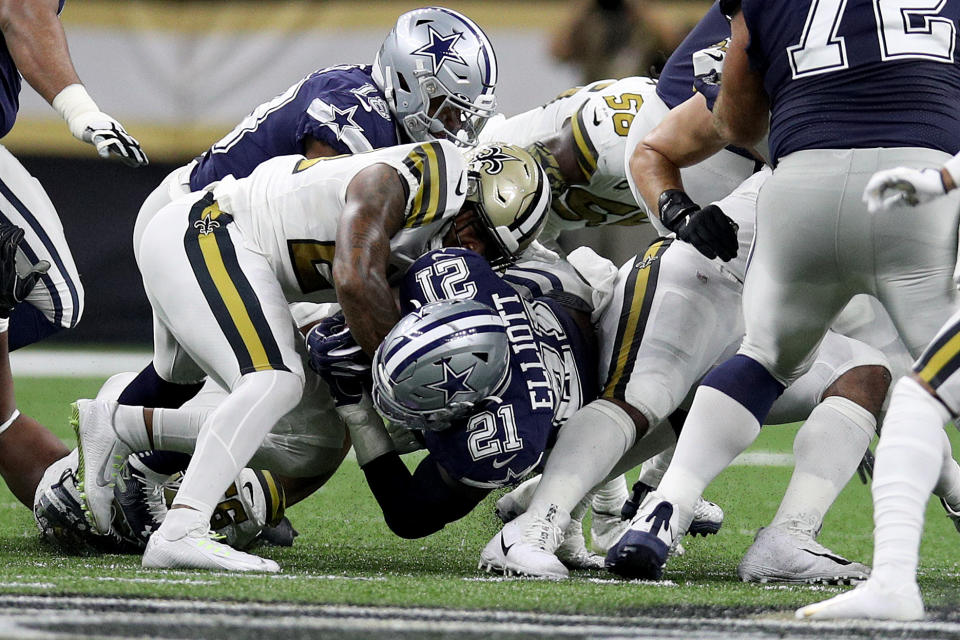 Ezekiel Elliott of the Dallas Cowboys dives against the New Orleans Saints during the second quarter against the Saints. (Getty Images)