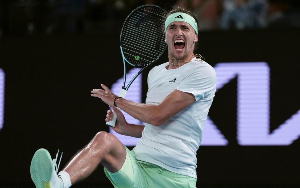 Alexander Zverev of Germany celebrates defeating Carlos Alcaraz of Spain in their quarterfinal match at the Australian Open tennis championships on Thursday, January 25, 2024 in Melbourne Park, Melbourne, Australia.