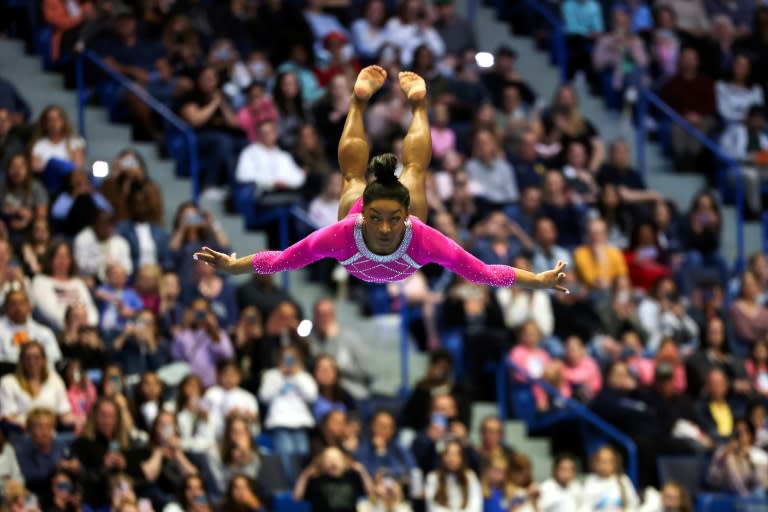 US gymnast Simone Biles competes in the floor exercise at the Core Hydration Classic in Connecticut (Charly TRIBALLEAU)